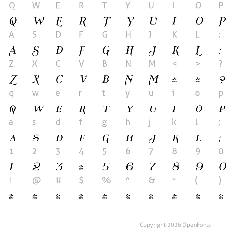 Character Map of FONTSPRING DEMO - Wolverton No.3 Oblique Bold