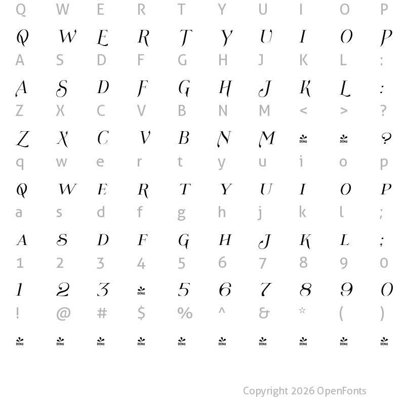 Character Map of FONTSPRING DEMO - Wolverton No.3 Oblique Regular