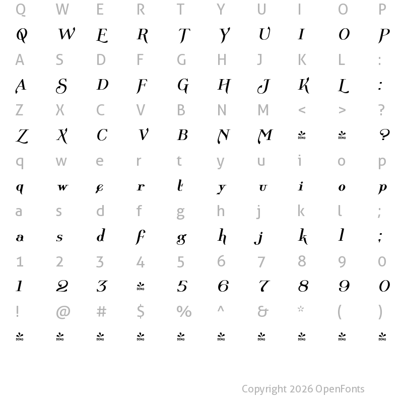 Character Map of FONTSPRING DEMO - Wolverton Text No.1 Oblique Bold