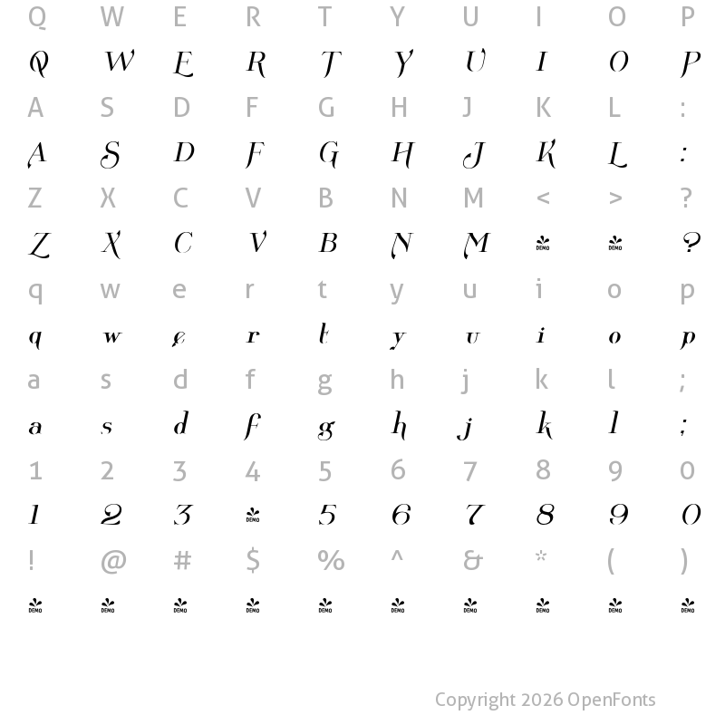 Character Map of FONTSPRING DEMO - Wolverton Text No.1 Oblique Regular