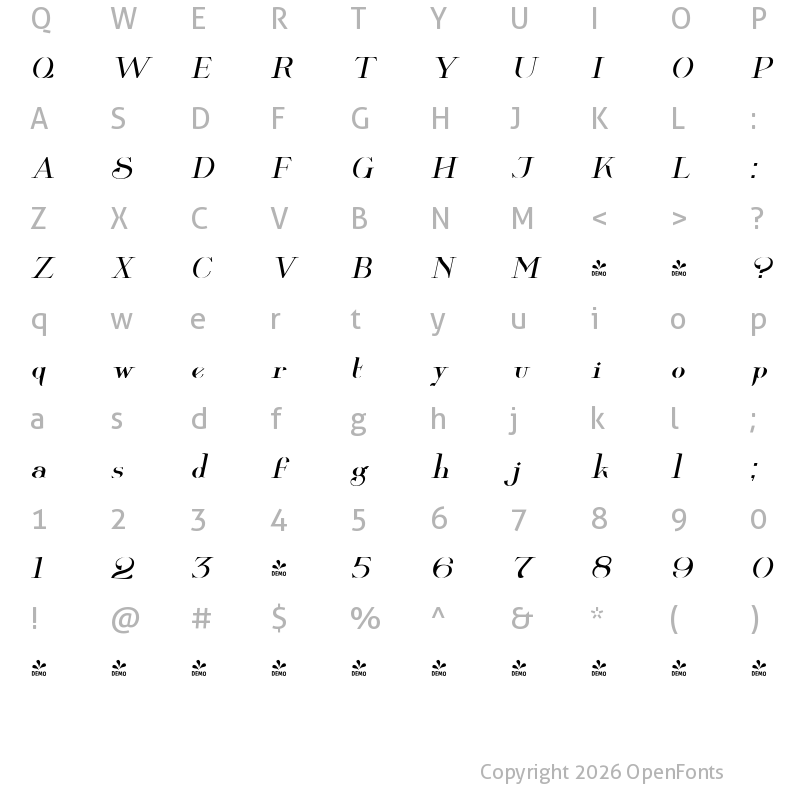 Character Map of FONTSPRING DEMO - Wolverton Text No.2 Oblique Regular