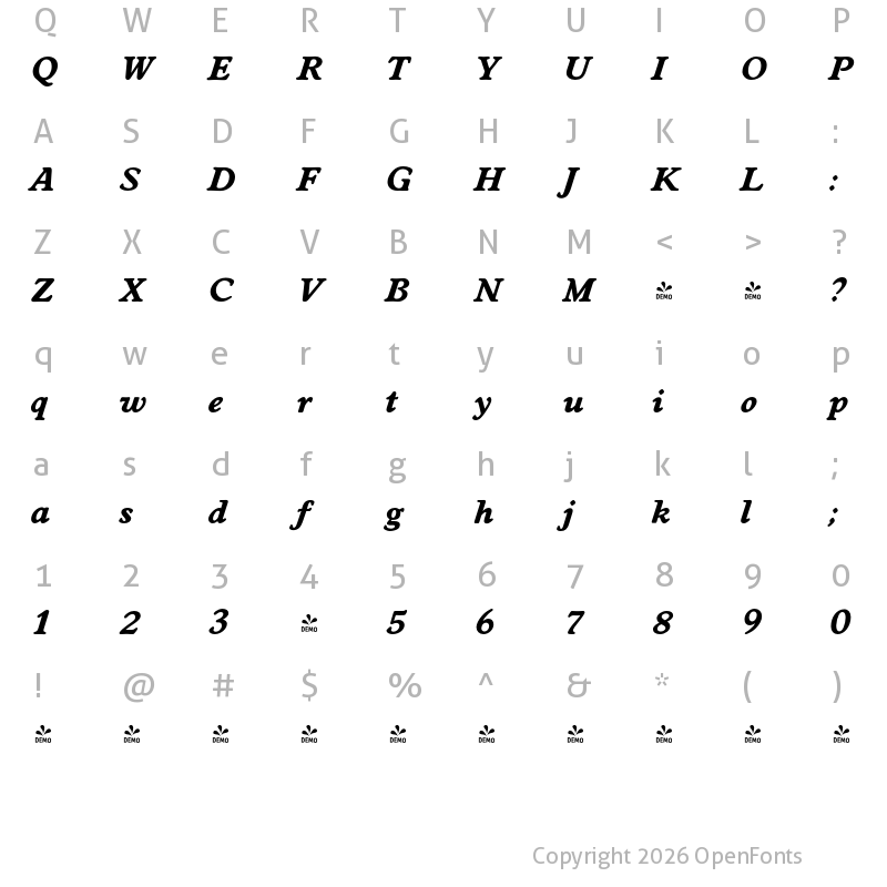 Character Map of FONTSPRING DEMO - Worcester Serial Xbold Italic
