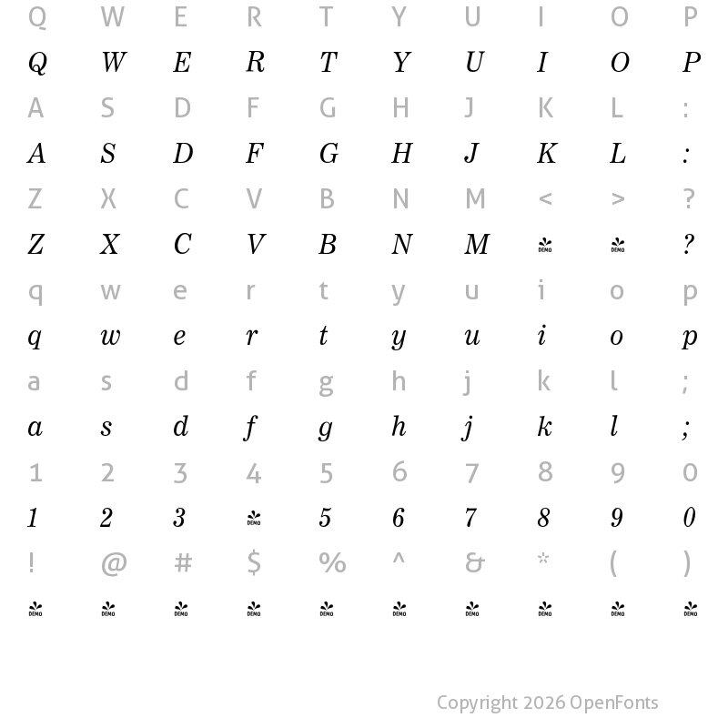 Character Map of FONTSPRING DEMO - Worldwide Italic