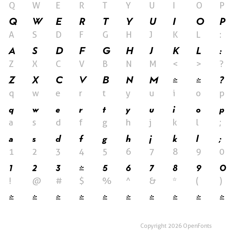 Character Map of FONTSPRING DEMO - Wright Deco ExtraBold It Regular