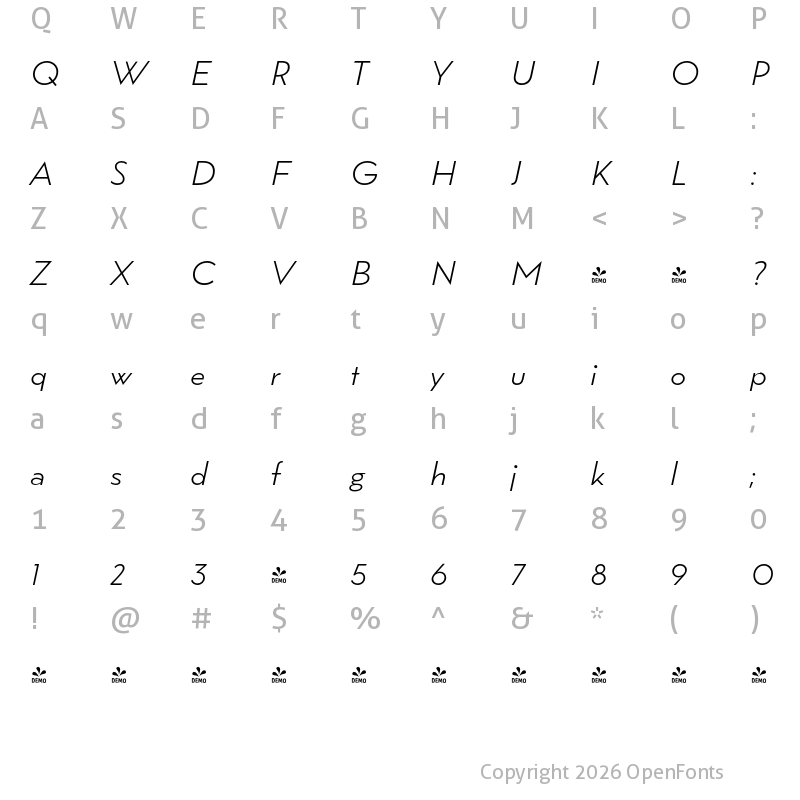 Character Map of FONTSPRING DEMO - Wright Deco Light It Regular