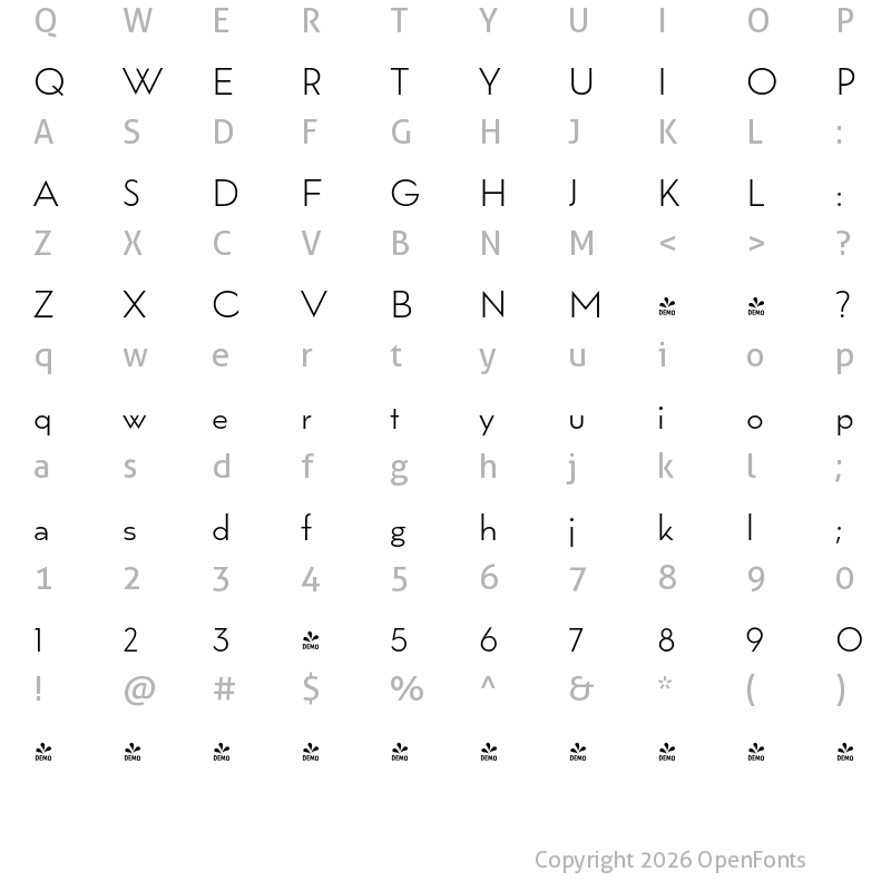 Character Map of FONTSPRING DEMO - Wright Deco Light Regular
