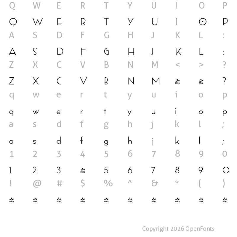 Character Map of FONTSPRING DEMO - Wright Funk Light Regular