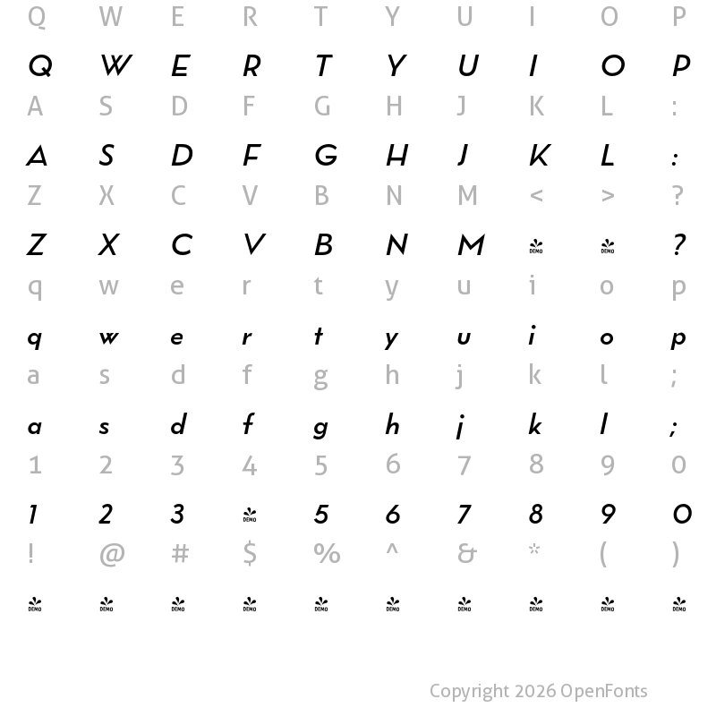 Character Map of FONTSPRING DEMO - Wright Pro SemiBold It Regular