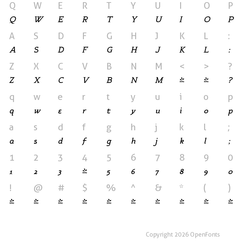Character Map of FONTSPRING DEMO - Xcetera Bold italic