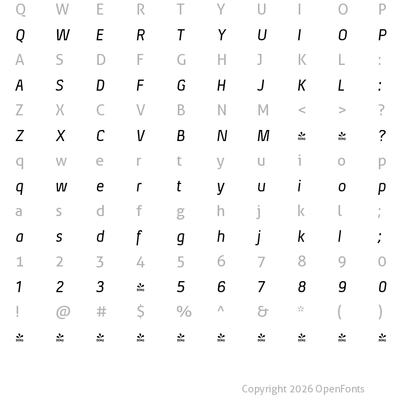 Character Map of FONTSPRING DEMO - Xenu Rg Italic