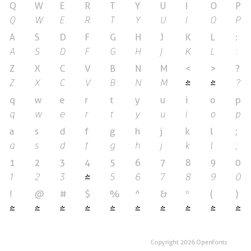 Character Map of FONTSPRING DEMO - xL Hairline Italic