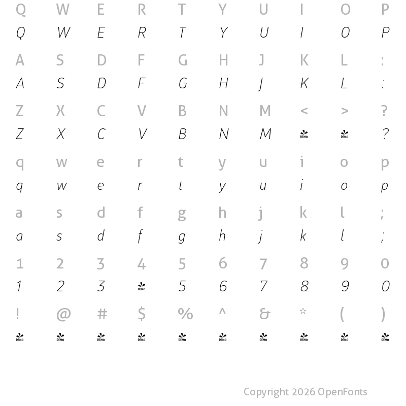 Character Map of FONTSPRING DEMO - xS Light Italic