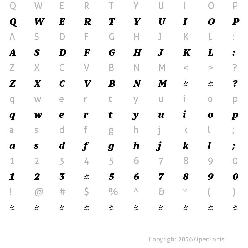 Character Map of FONTSPRING DEMO - Yefimov Serif Black Italic
