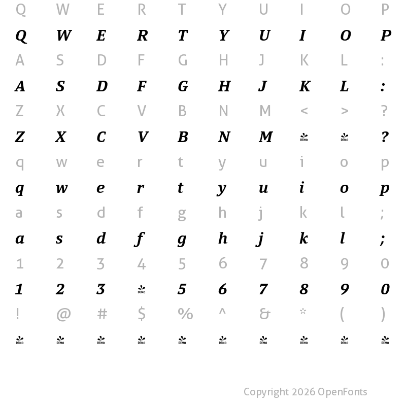 Character Map of FONTSPRING DEMO - Yefimov Serif Bold Italic