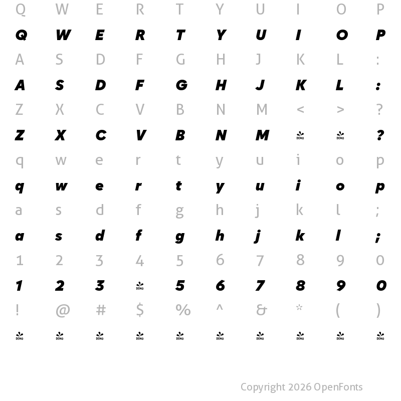 Character Map of FONTSPRING DEMO - Zabal Ultra Italic
