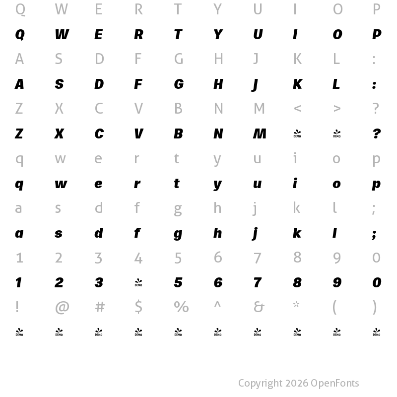 Character Map of FONTSPRING DEMO - Zega Text Extrabold Italic