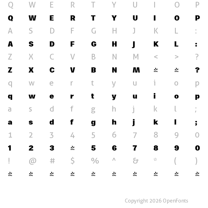 Character Map of FONTSPRING DEMO - Zega Text Extrabold Regular