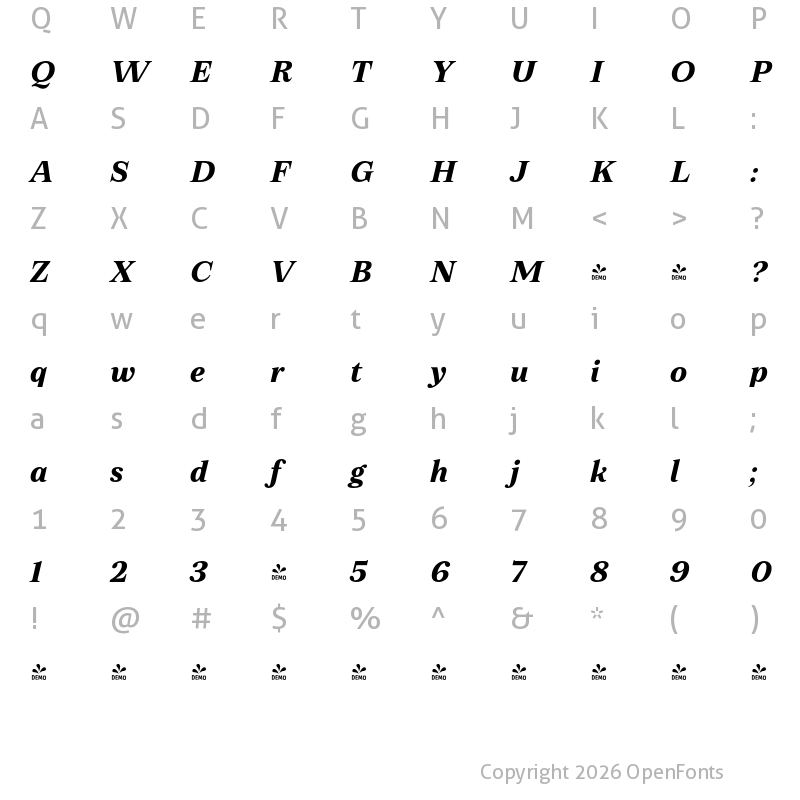 Character Map of FONTSPRING DEMO - Zeit Bold Italic Regular