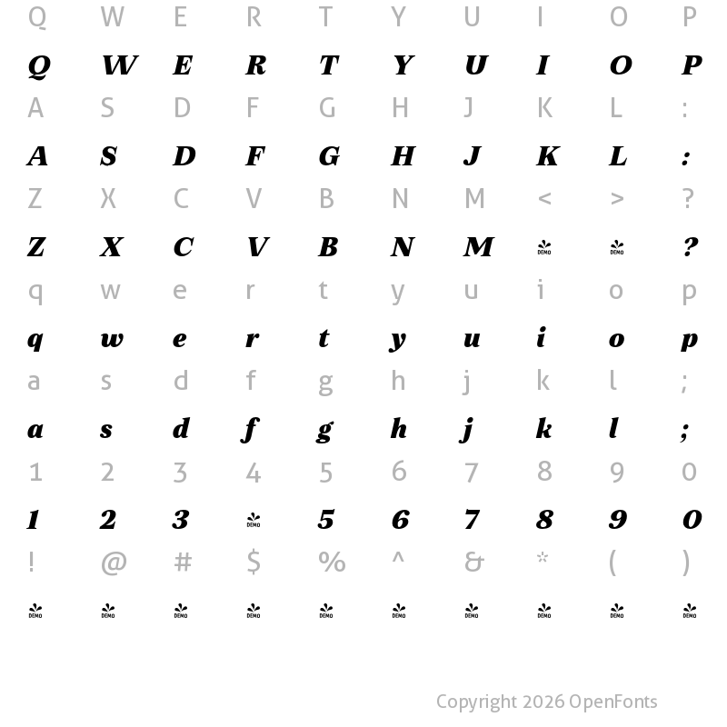 Character Map of FONTSPRING DEMO - Zeit Heavy Italic Regular