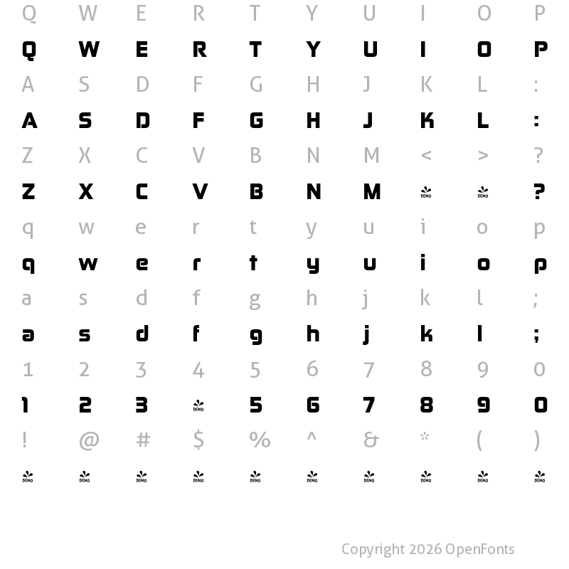 Character Map of FONTSPRING DEMO - Zekton Bl Regular