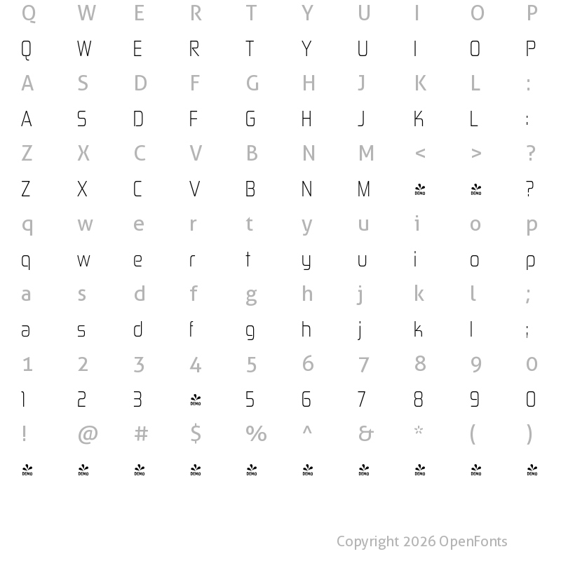 Character Map of FONTSPRING DEMO - Zekton Cd Lt Regular