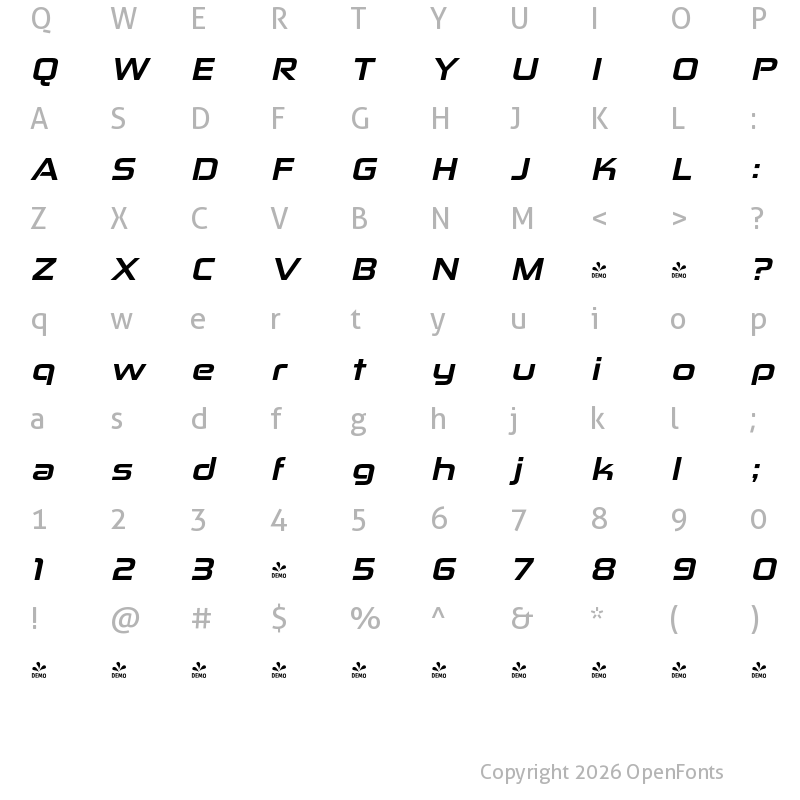 Character Map of FONTSPRING DEMO - Zekton Ex Hv Italic