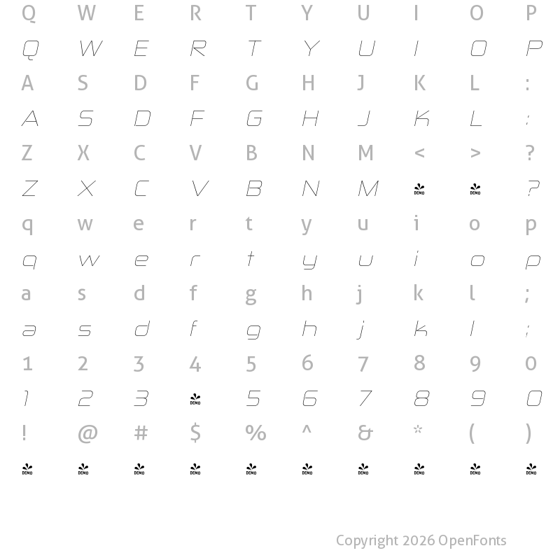 Character Map of FONTSPRING DEMO - Zekton Ex Ul Italic