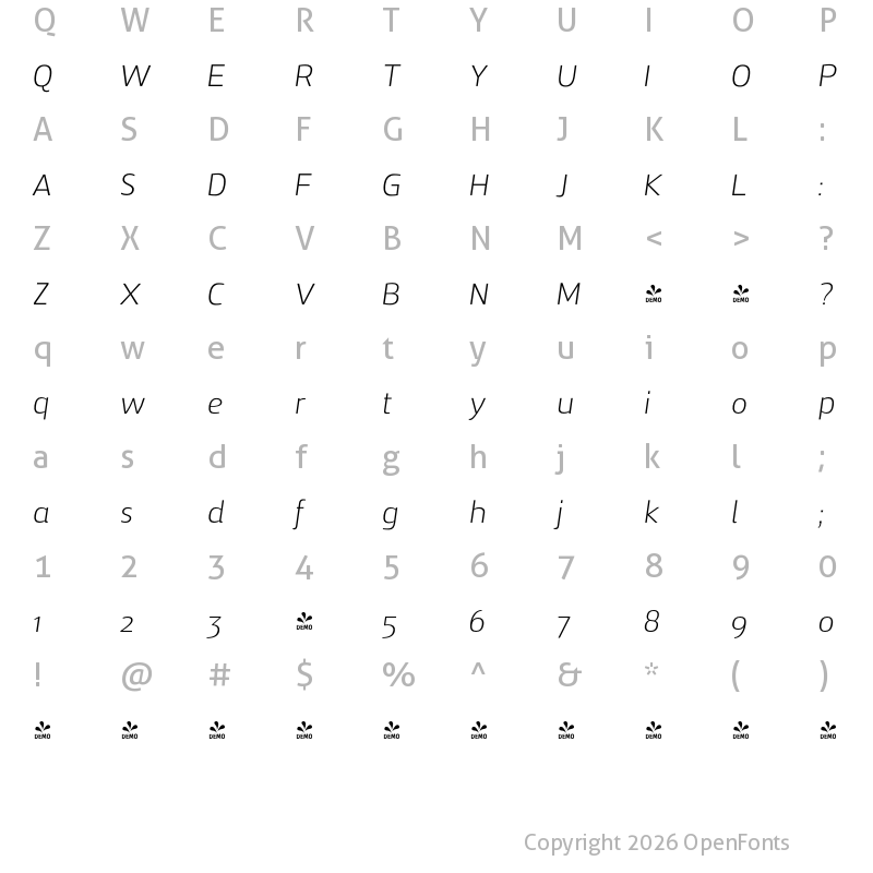 Character Map of FONTSPRING DEMO - Zosimo Pro UltraLight Italic