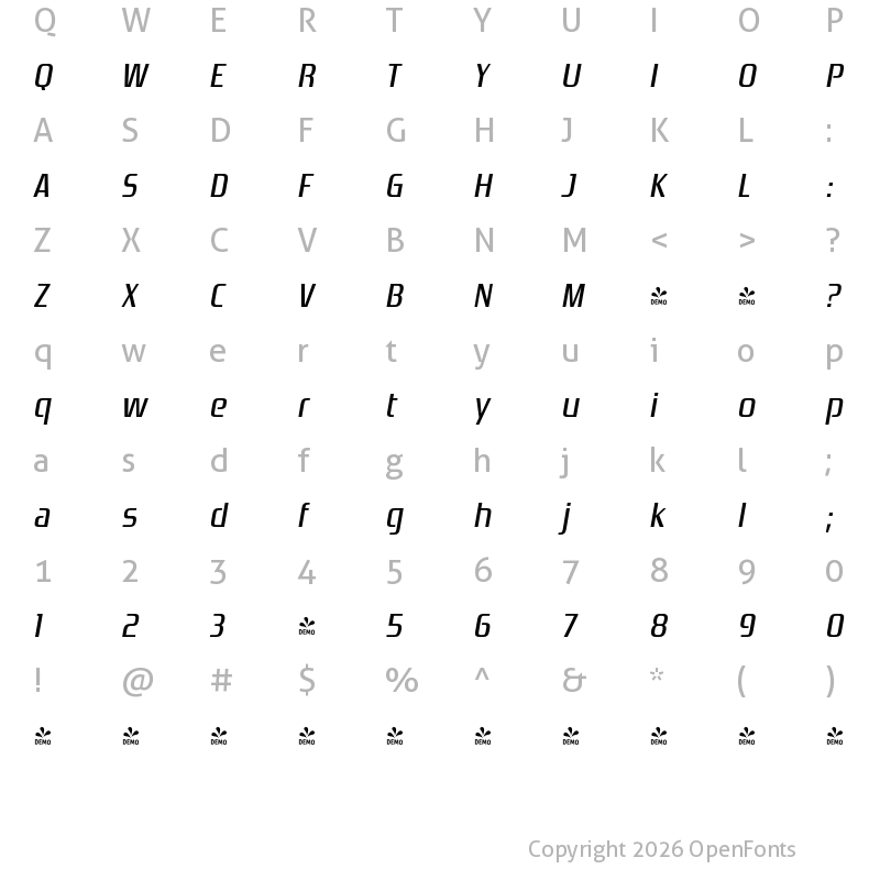 Character Map of FONTSPRING DEMO - Zrnic Rg Italic
