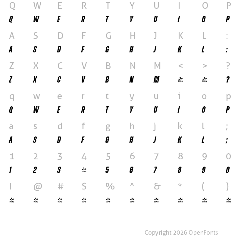 Character Map of FONTSPRING DEMO - Zuume Soft Bold Italic