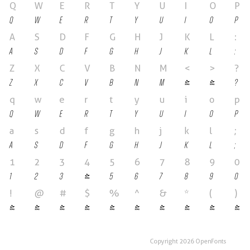 Character Map of FONTSPRING DEMO - Zuume Soft ExtraLight Italic