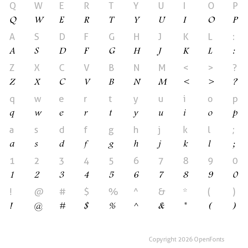 Character Map of Footlight MT Pro Light Italic