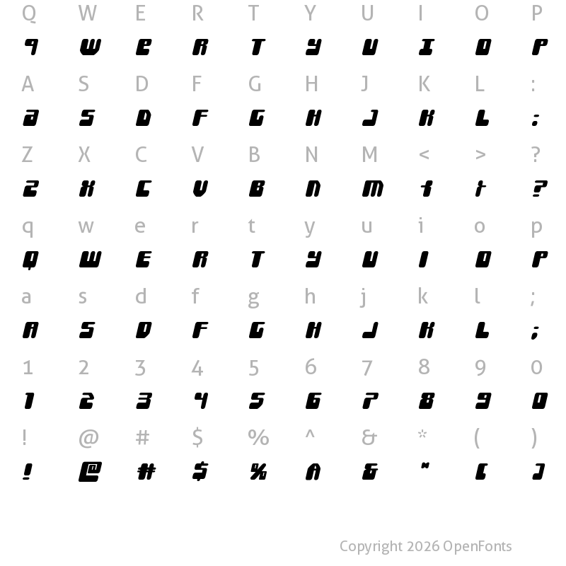 Character Map of Force Majeure Expanded Italic Expanded Italic