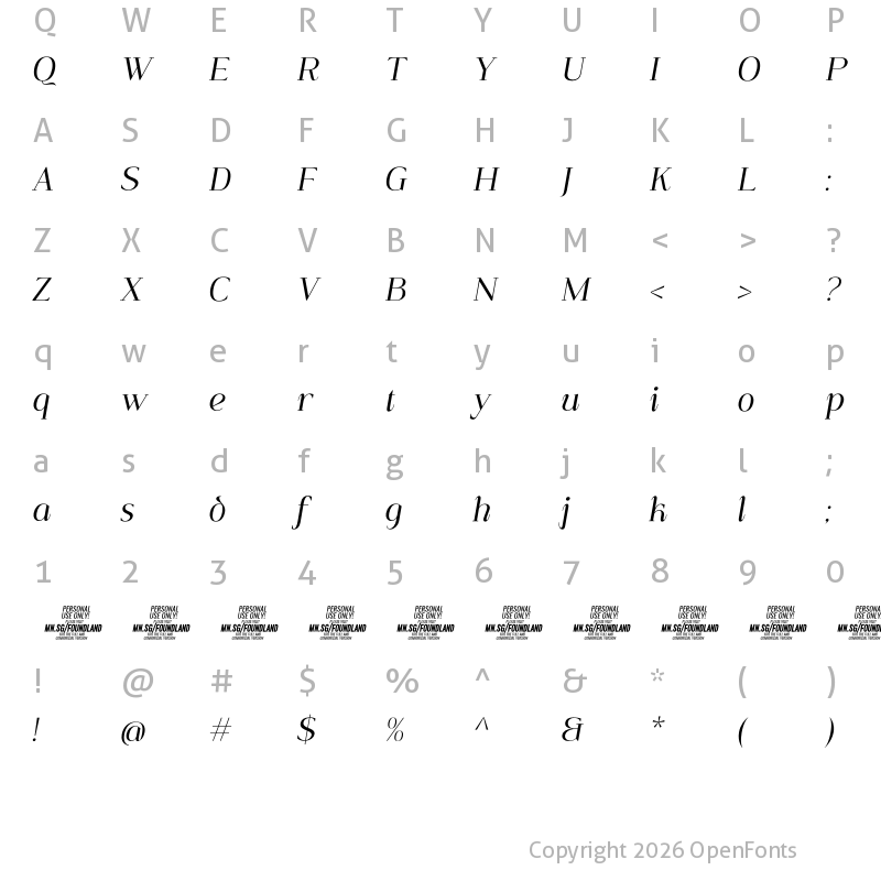 Character Map of Foundland Italic PERSONAL USE ONLY Regular
