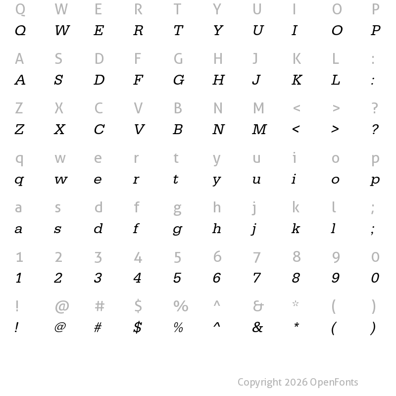 Character Map of FP Typewriter DEMO Regular Italic
