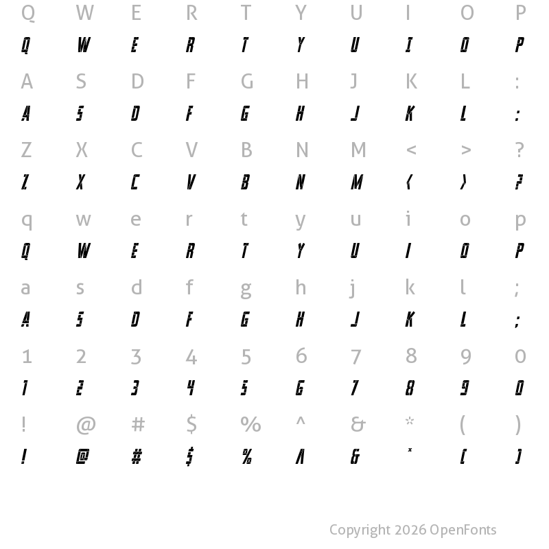 Character Map of Frank-n-Plank Condensed Italic Condensed Italic