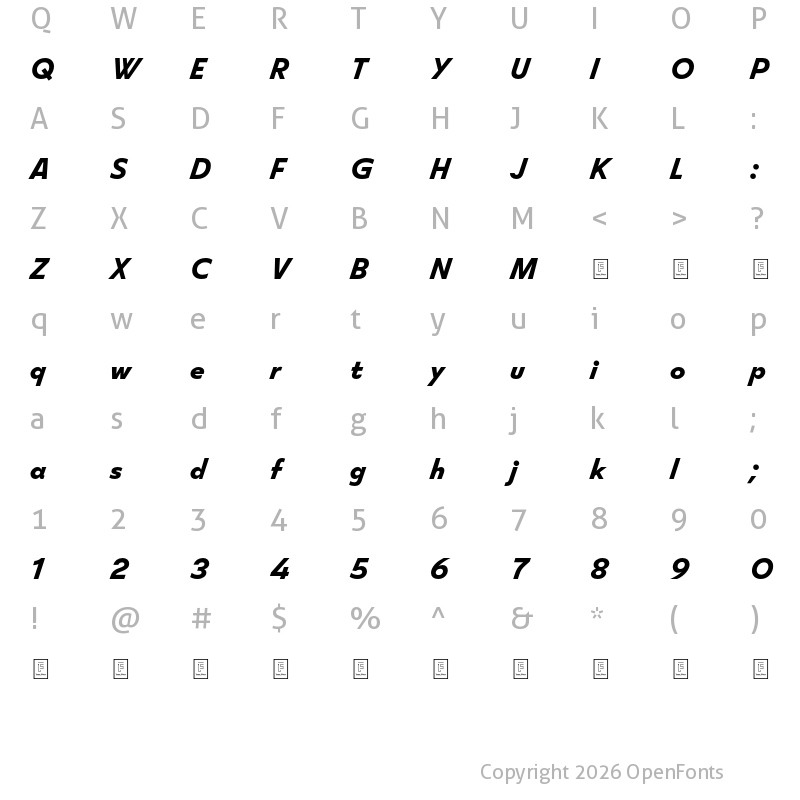 Character Map of FS Split Sans Trial Bold Italic