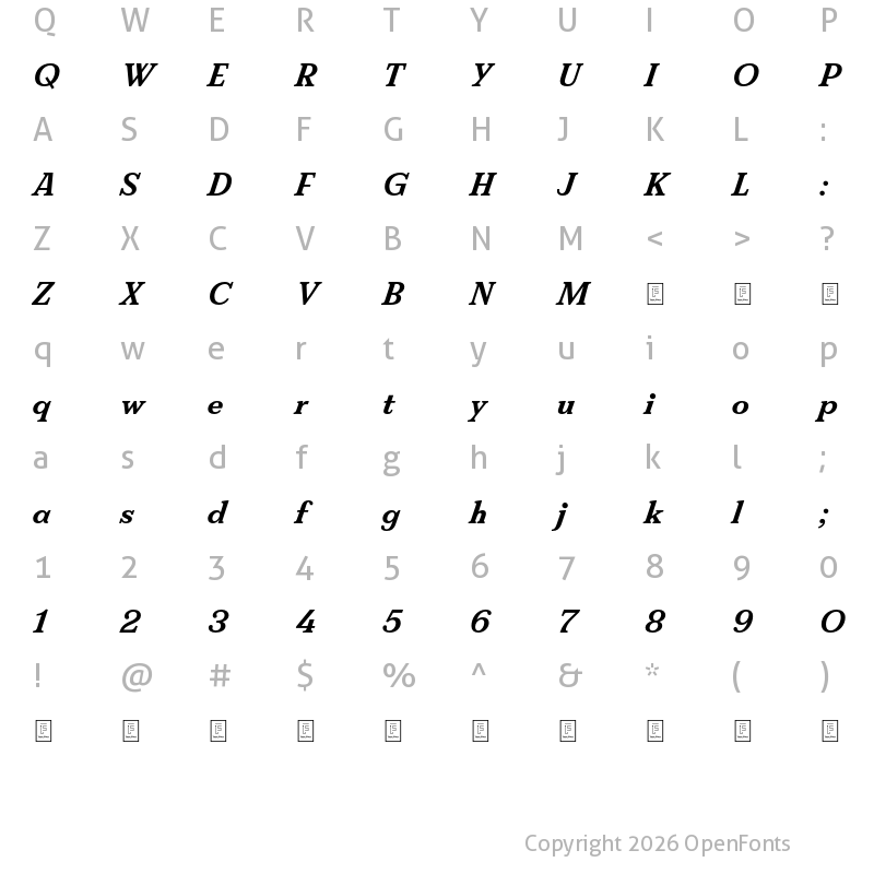 Character Map of FS Split Serif Trial Bold Italic