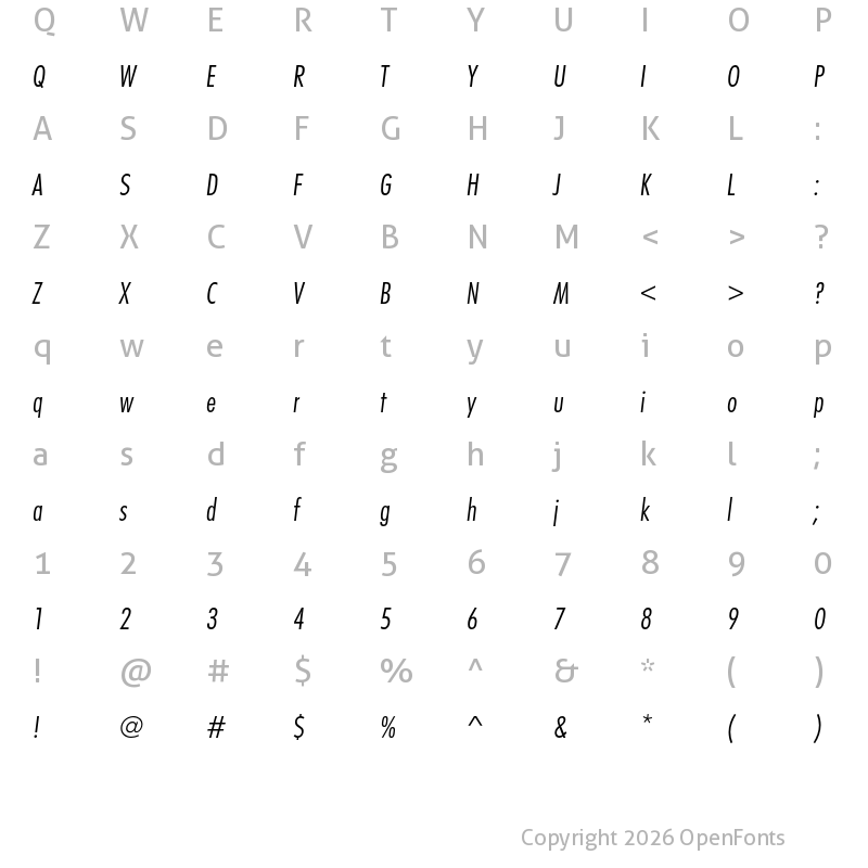 Character Map of Futura PT Cond Book Oblique
