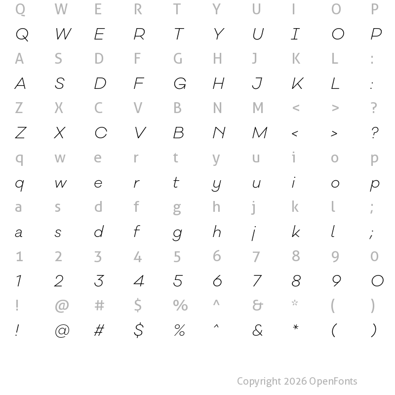 Character Map of Galano Classic Alt Light Italic