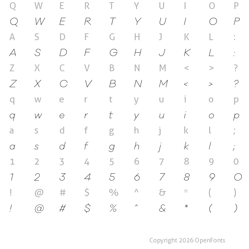 Character Map of Galano Classic ExtraLight Italic