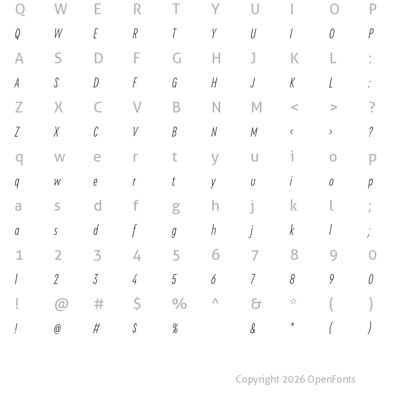 Character Map of Galatea ExtraLight Condensed Italic