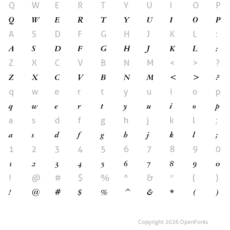 Character Map of Garamond US Bold Italic