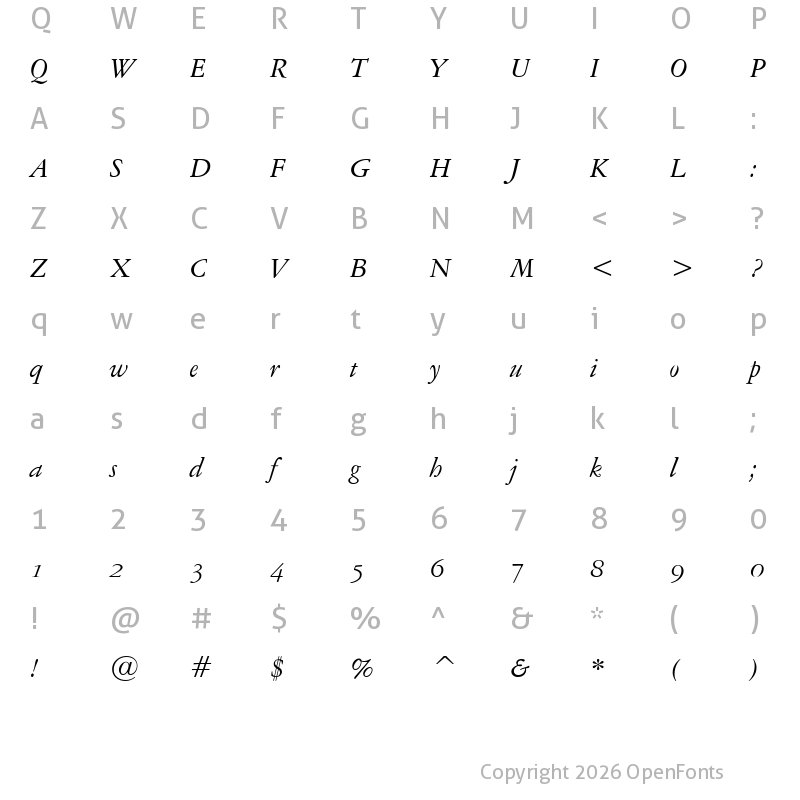 Character Map of Garamond US Italic