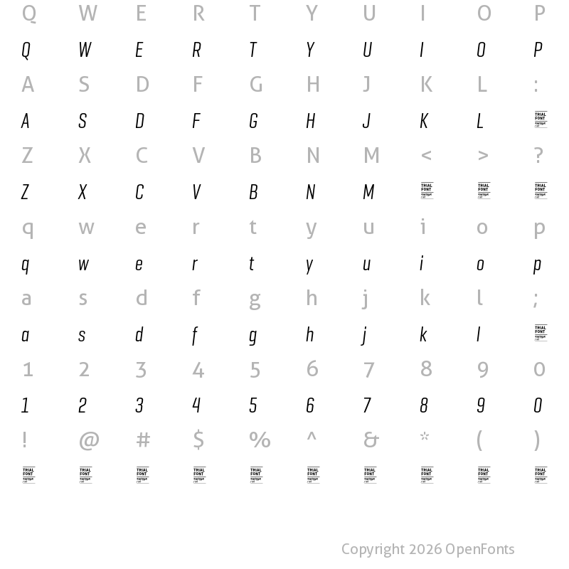 Character Map of Geogrotesque Comp TRIAL Regular Italic