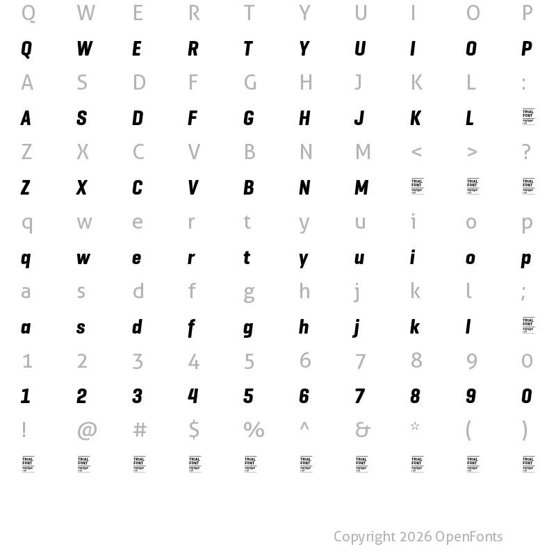 Character Map of Geogrotesque Cond TRIAL Bold Italic