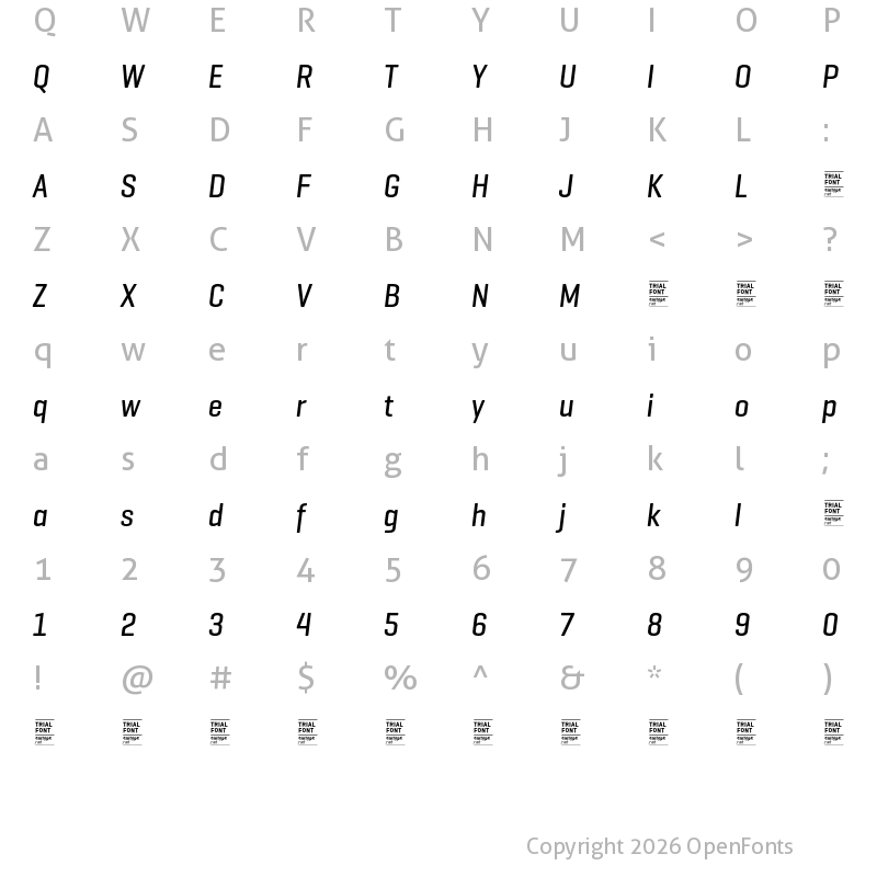Character Map of Geogrotesque Cond TRIAL Medium Italic