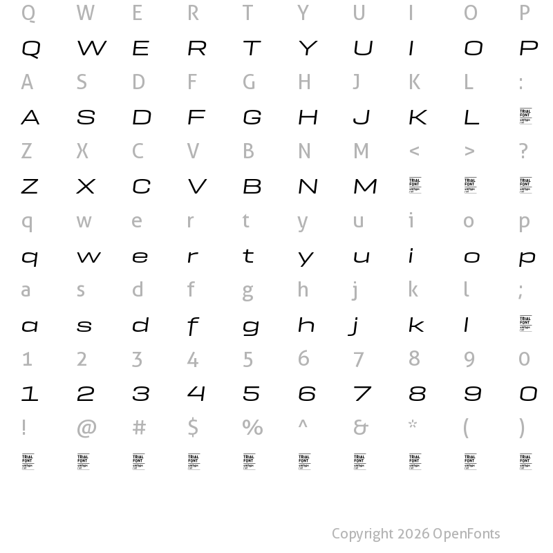 Character Map of Geogrotesque Exp TRIAL Regular Italic