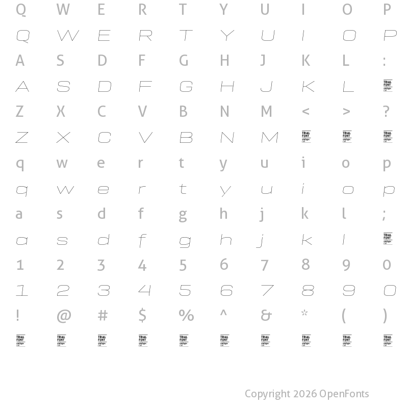 Character Map of Geogrotesque Exp TRIAL Thin Italic