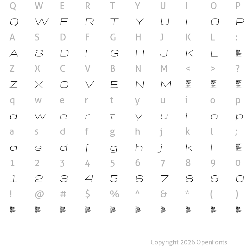 Character Map of Geogrotesque Exp TRIAL UltraLight Italic